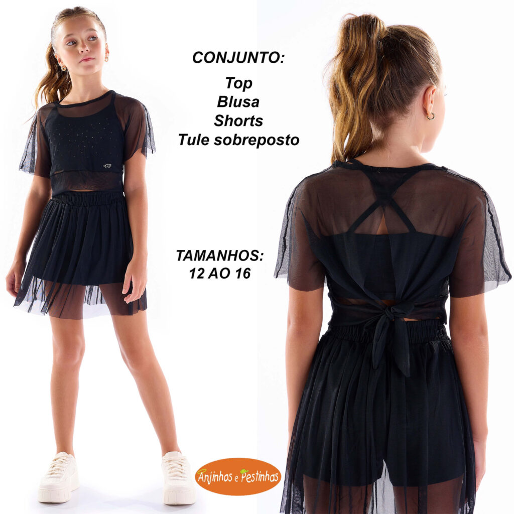 Top com brilho, blusinha manga curta, shorts com sobreposição em tule